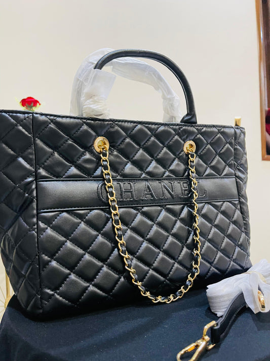 Black soft leather tote bag