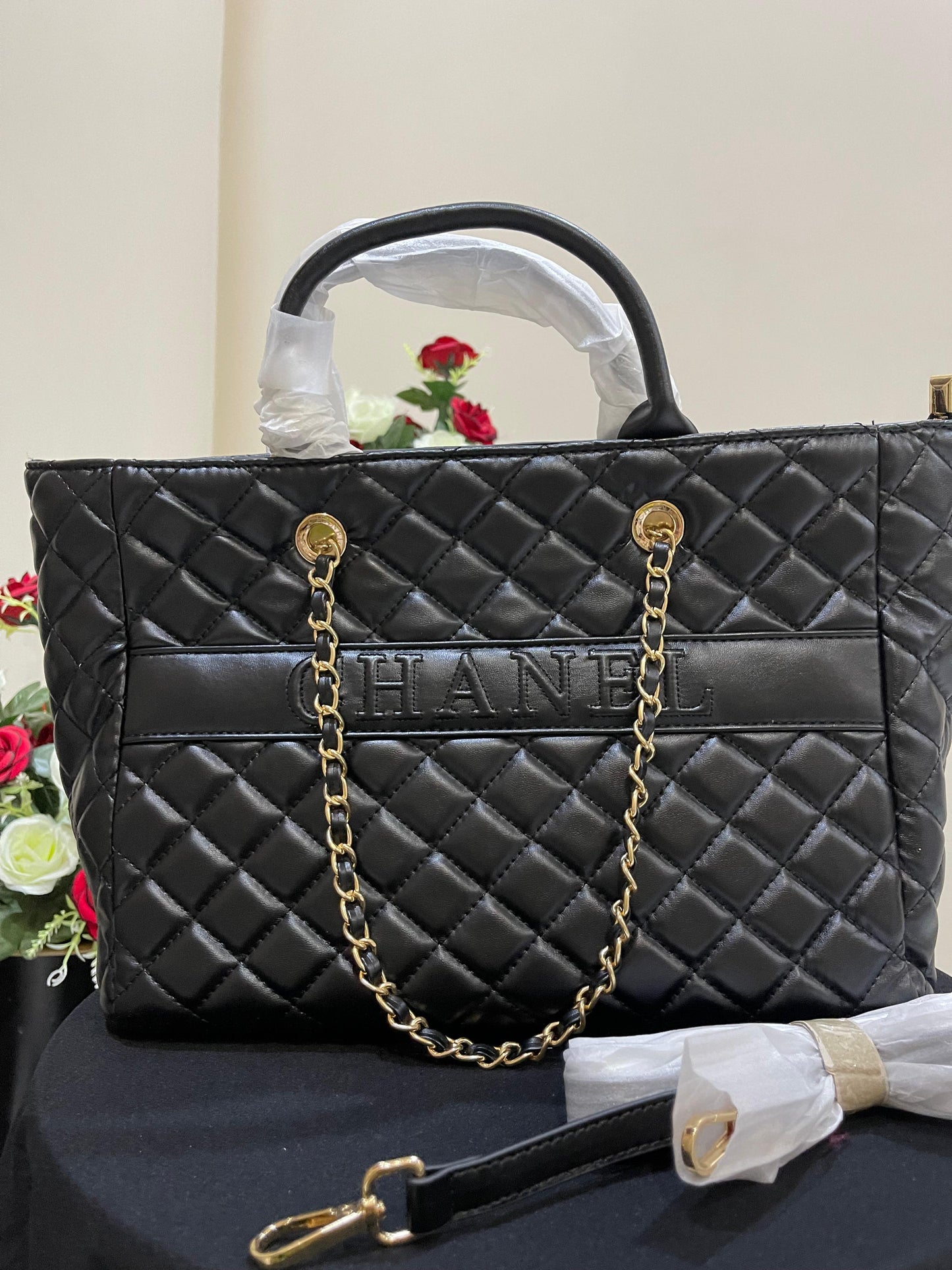 Black soft leather tote bag