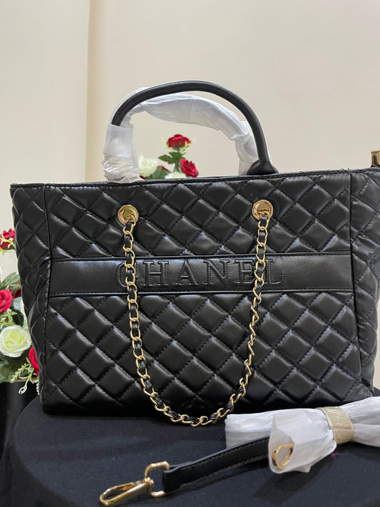 Black soft leather tote bag